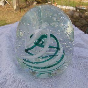 Penfolio Vintage Art Glass Paperweight Pen Holder  with bullicante Bubbles .USA